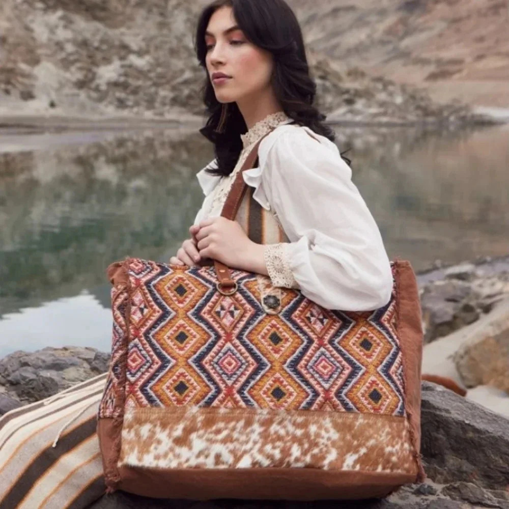 Myra Bag Boho Leather & Canvas Weekender Travel Bag New
